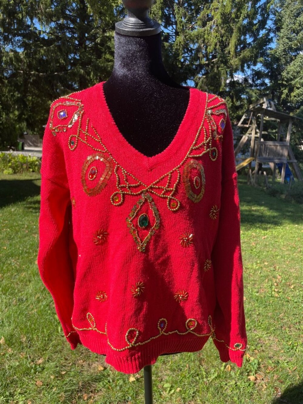 Vintage 80s 90s Sweater Red Gold Beaded Jewels Holiday Glam M Christmas Yule